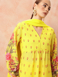 all about you Women Floral Printed Pleated Kurta with Trousers & Dupatta