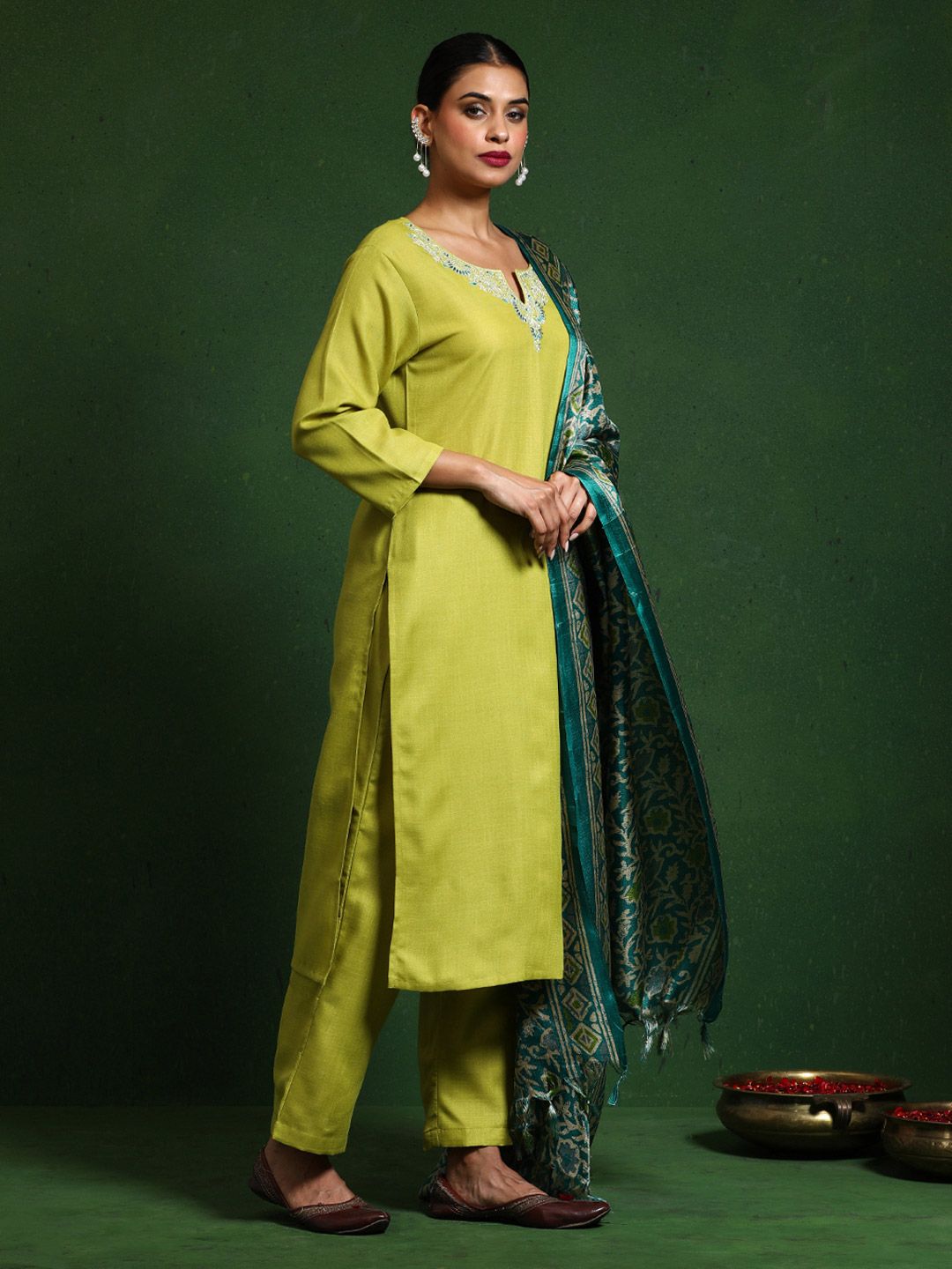 Varanga Floral Embroidered Notch Neck Straight Kurta With Trousers And Dupatta