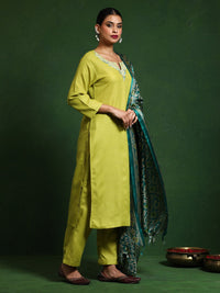 Varanga Floral Embroidered Notch Neck Straight Kurta With Trousers And Dupatta