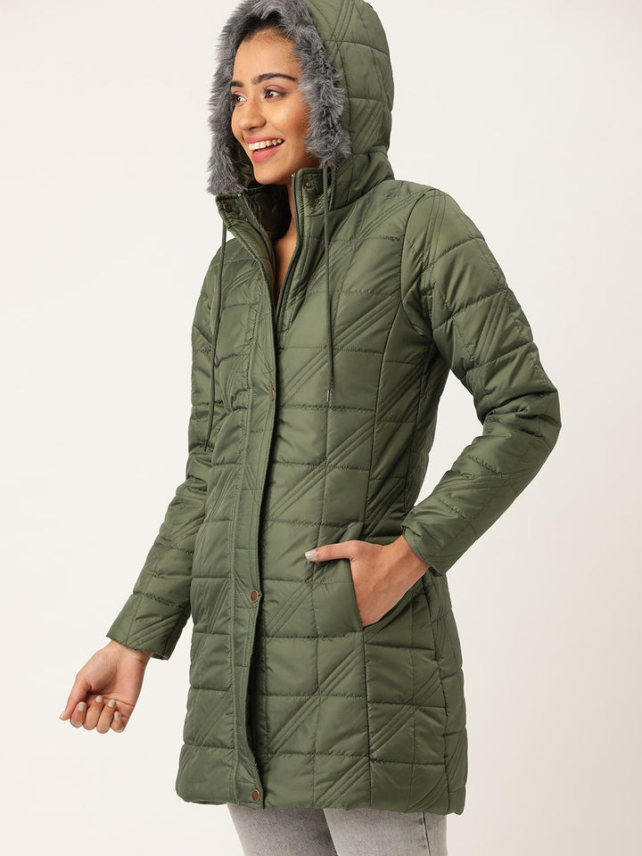 DressBerry Women Olive Green Self Design Quilted Jacket