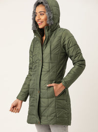 DressBerry Women Olive Green Self Design Quilted Jacket