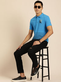 Being Human Men Blue & Black Brand Logo Printed Pure Cotton Polo Collar T-shirt