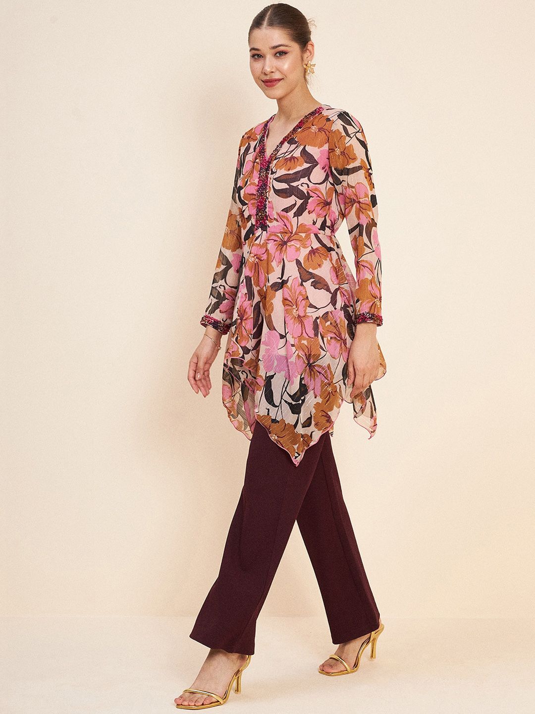 Antheaa Pink & Brown Printed Embellished Top & Trousers