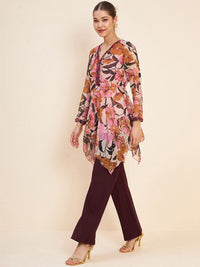Antheaa Pink & Brown Printed Embellished Top & Trousers