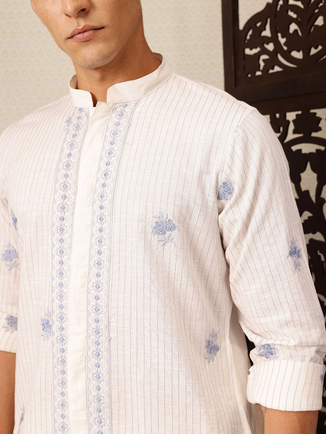 House of Pataudi Striped Jashn Pure Cotton Kurta with Trousers