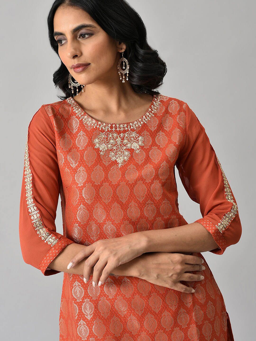 W Women Orange Ethnic Motifs Woven Design With Zari Work Kurta