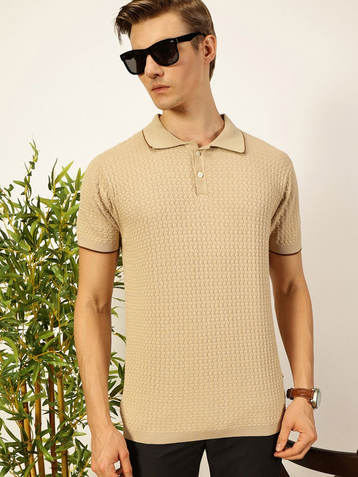 Thomas Scott Men Self Design Regular Fit Knitted Polo T-shirt