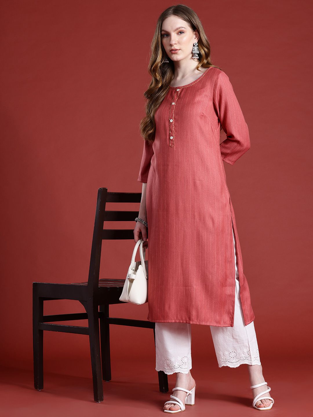 Anouk Striped Sequined Straight Kurta