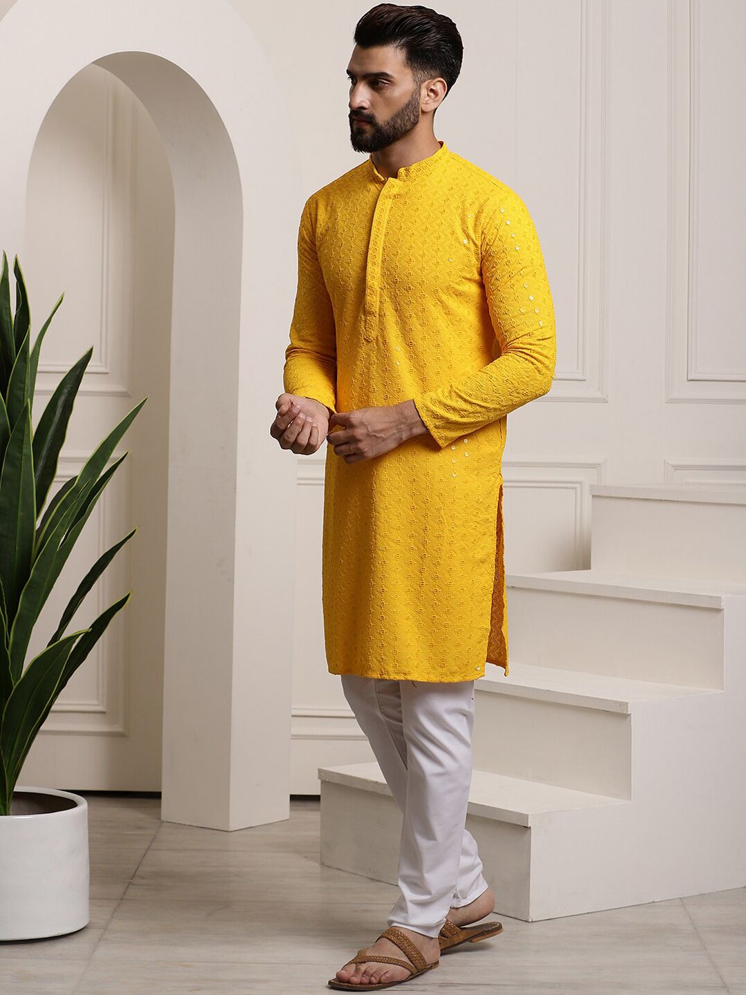 SOJANYA Men Ethnic Motifs Embroidered Sequinned Pure Cotton Kurta with Churidar