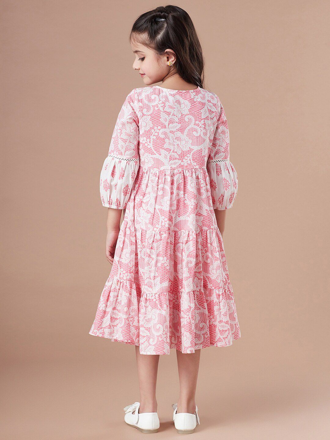 pspeaches Girls Tiered Floral Print Tie-Up Neck A-Line Midi Cotton Dress