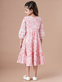 pspeaches Girls Tiered Floral Print Tie-Up Neck A-Line Midi Cotton Dress