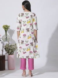 W Floral Printed Keyhole Neck Panelled Cotton A-Line Kurta