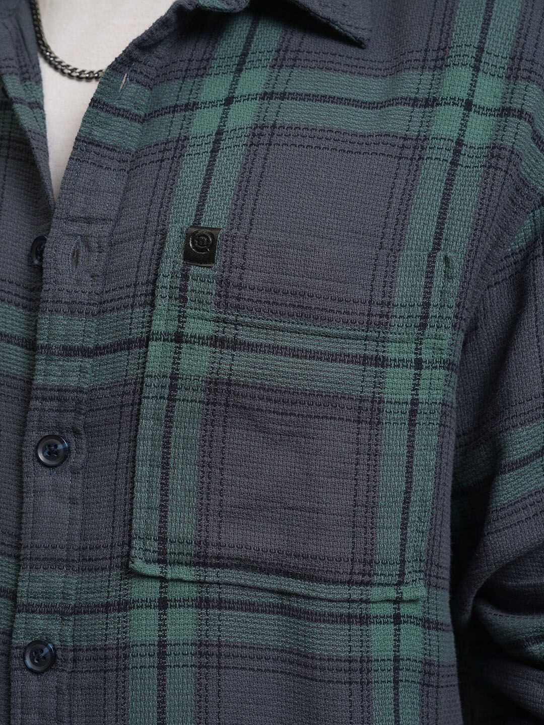 Locomotive Men Blue Dobby Textured Checked Cotton Overshirt