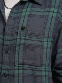 Locomotive Men Blue Dobby Textured Checked Cotton Overshirt
