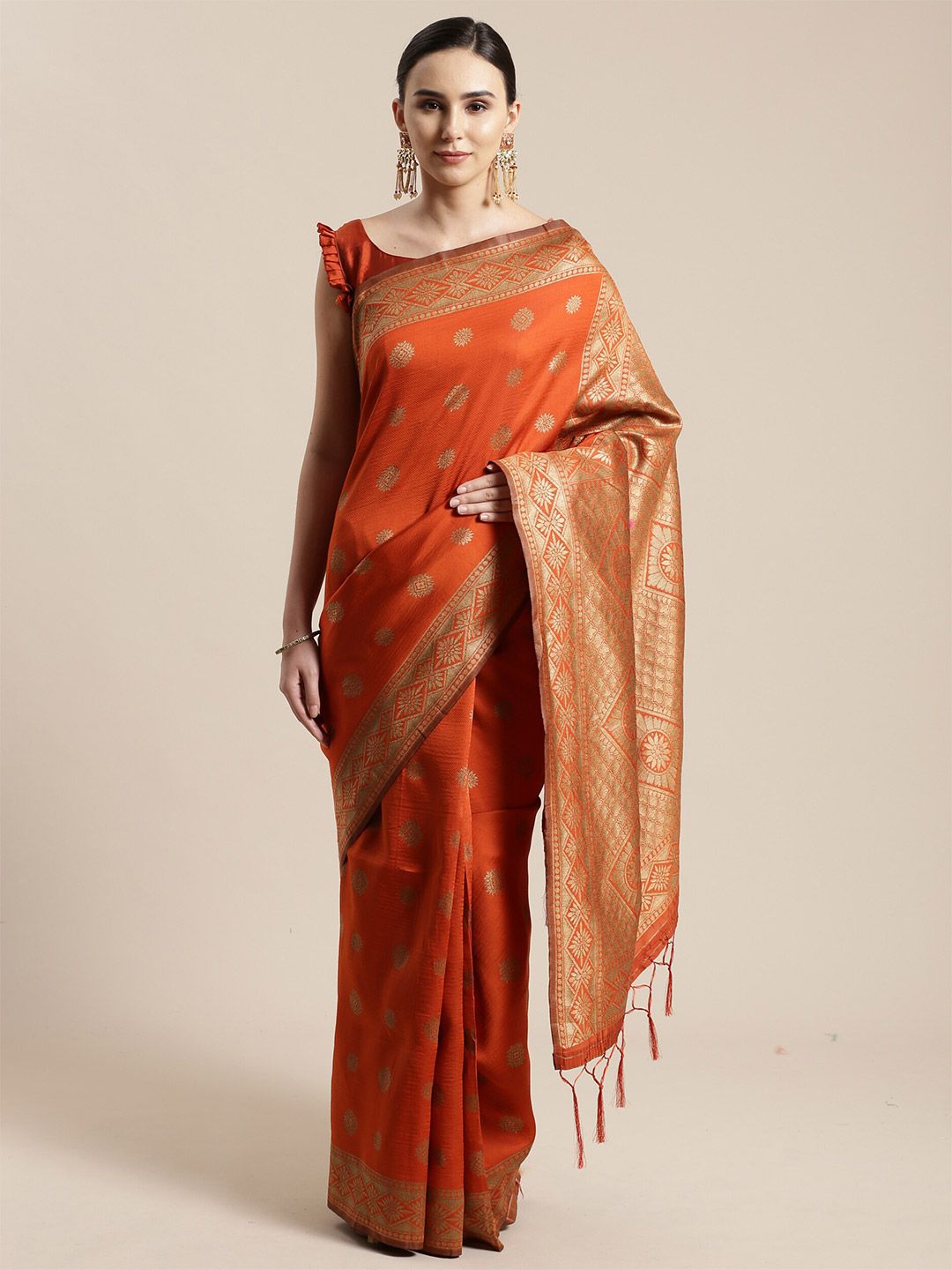 Saree mall Rust & Gold-Toned Silk Blend Banarasi Sarees