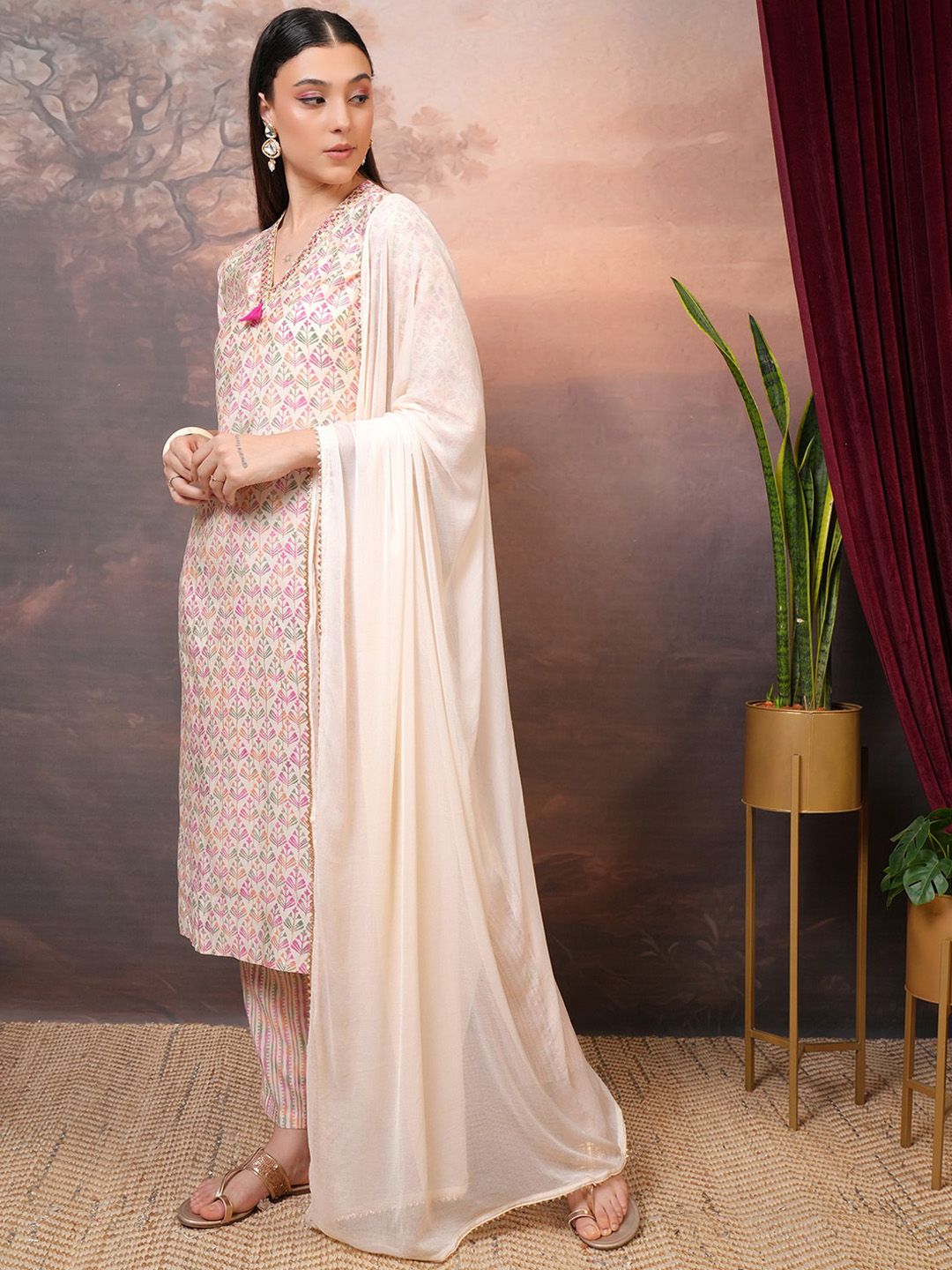Vishudh Cream Coloured Printed Beads & Stones Straight Kurta With Trousers & Dupatta