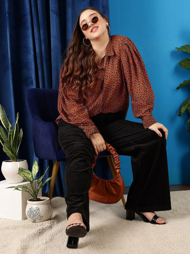 CURVY STREET Abstract Printed Puff Sleeves Oversized Shirt