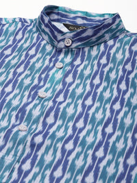 SOJANYA Kurta Bercetak Motif Etnik Biru & Putih Lelaki