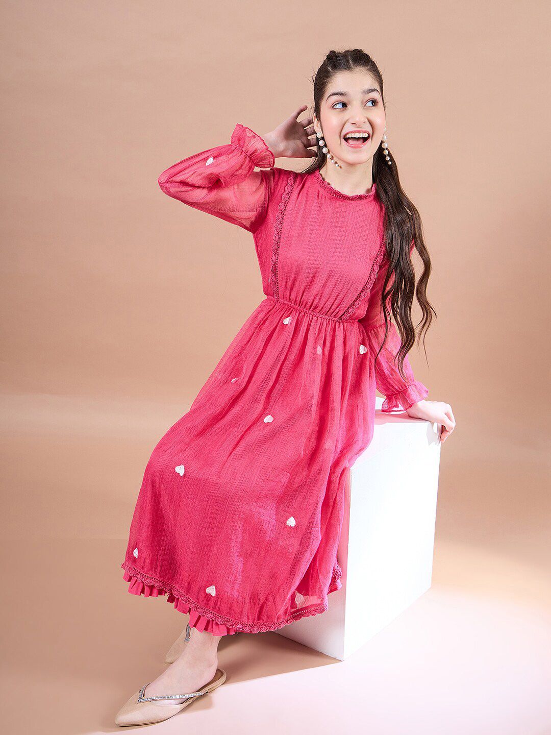pspeaches Girls Round Neck Puff Sleeves Fit & Flare Midi Dress