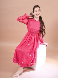 pspeaches Girls Round Neck Puff Sleeves Fit & Flare Midi Dress