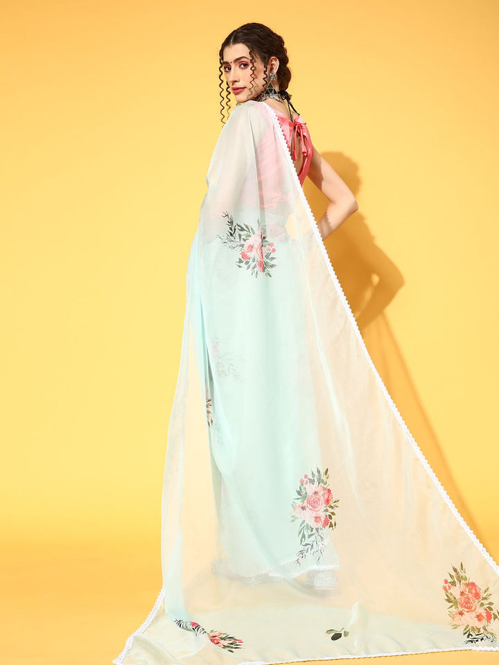 Saree mall Green Floral Print Organza Sarees