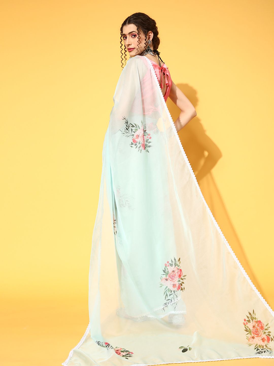 Saree mall Green Floral Print Organza Sarees
