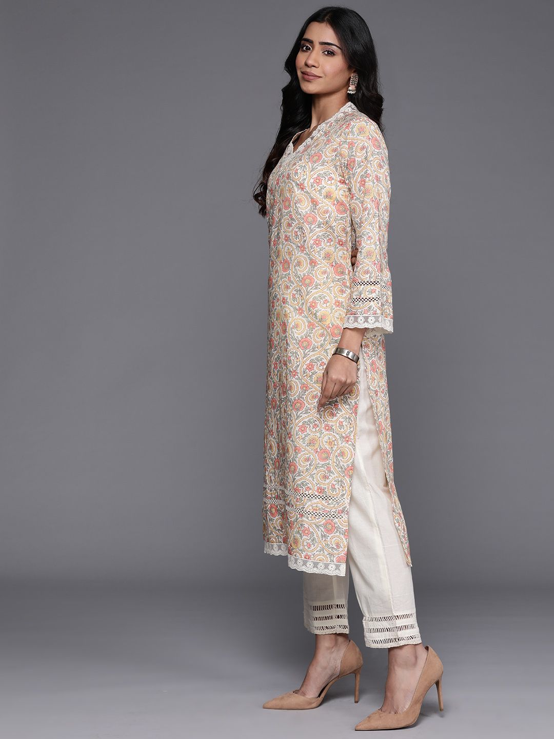 Varanga Off White Ethnic Floral Printed V Neck Flared Sleeves Lace Pure Cotton Kurta