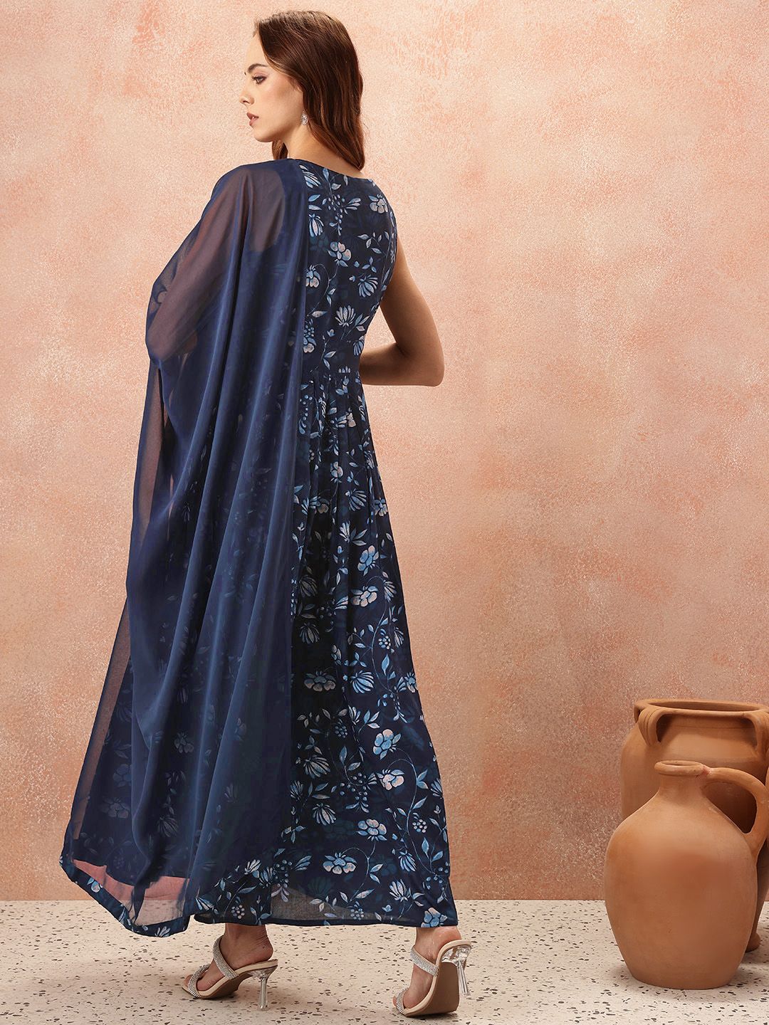 all about you Floral Print Flared Ethnic Dress With Dupatta
