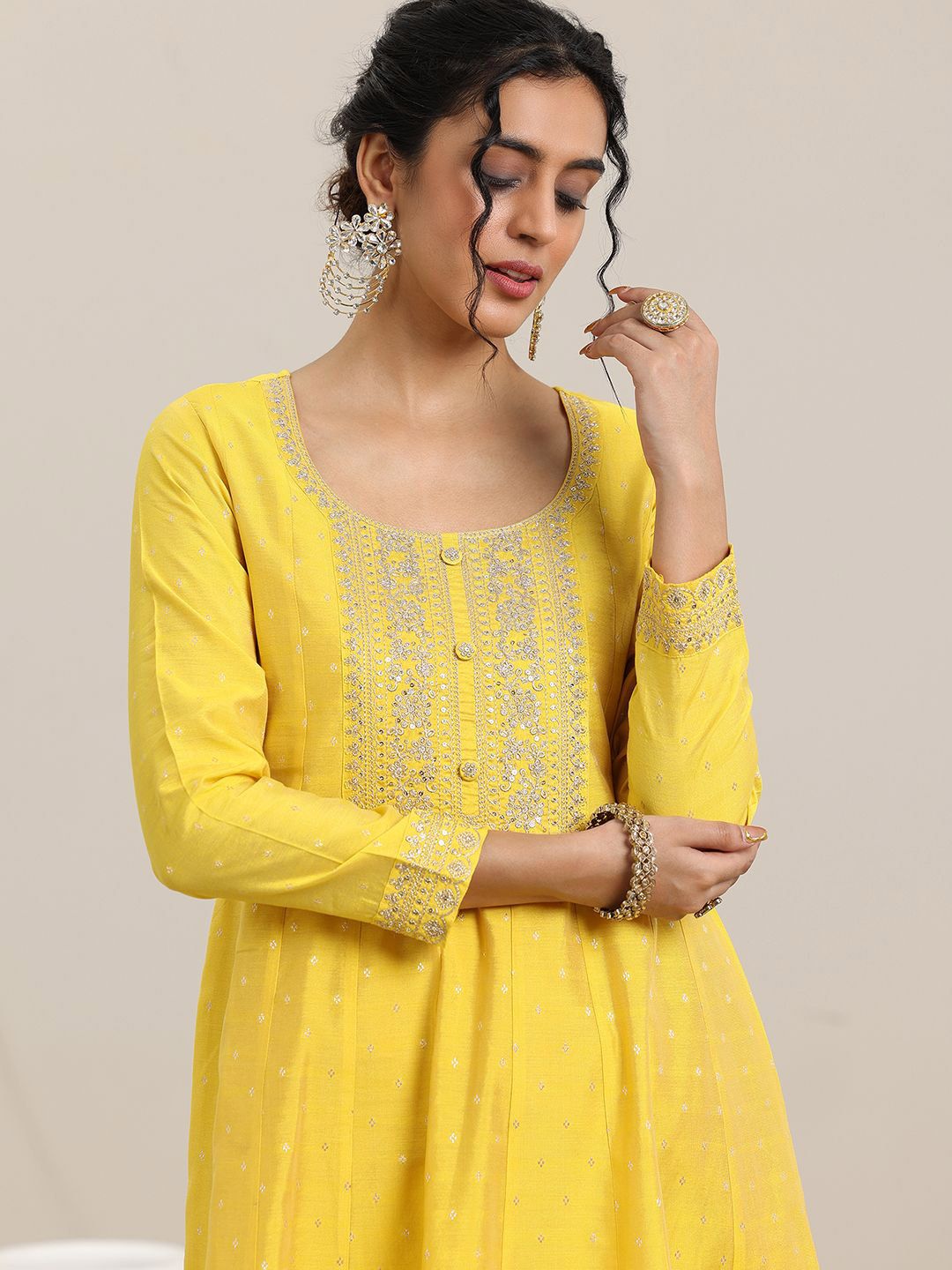 Libas Embroidered Panelled Chanderi Silk A-Line Kurta with Trouser & Dupatta