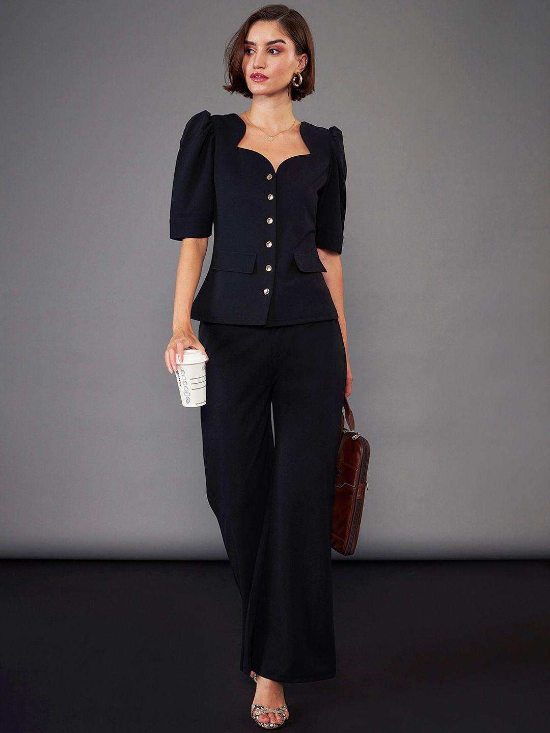 SASSAFRAS worklyf Black Sweetheart Neck Puff Sleeves Top & Trousers