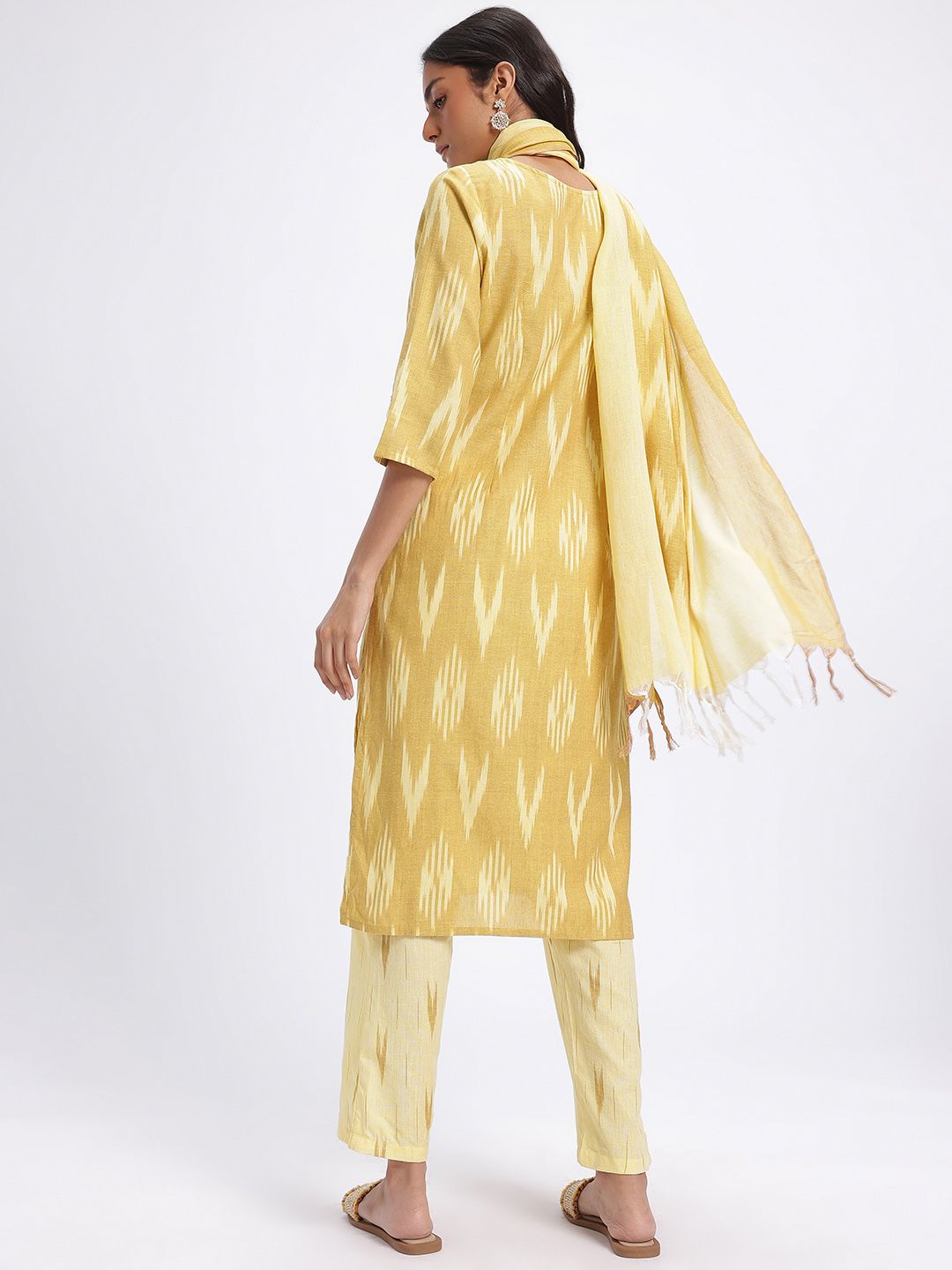 Anouk Ikat Printed Pure Cotton Straight Kurta with Trousers & Dupatta