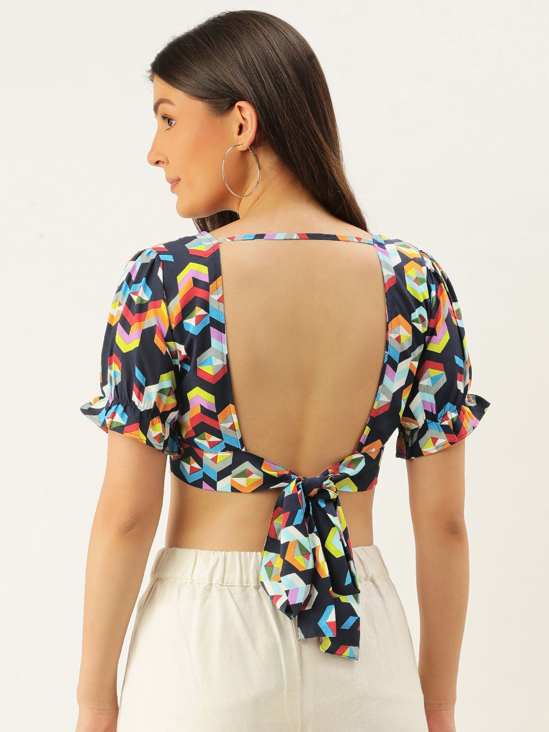 Berrylush Multicoloured Geometric Printed Puff Sleeves Styled Back Crop Top