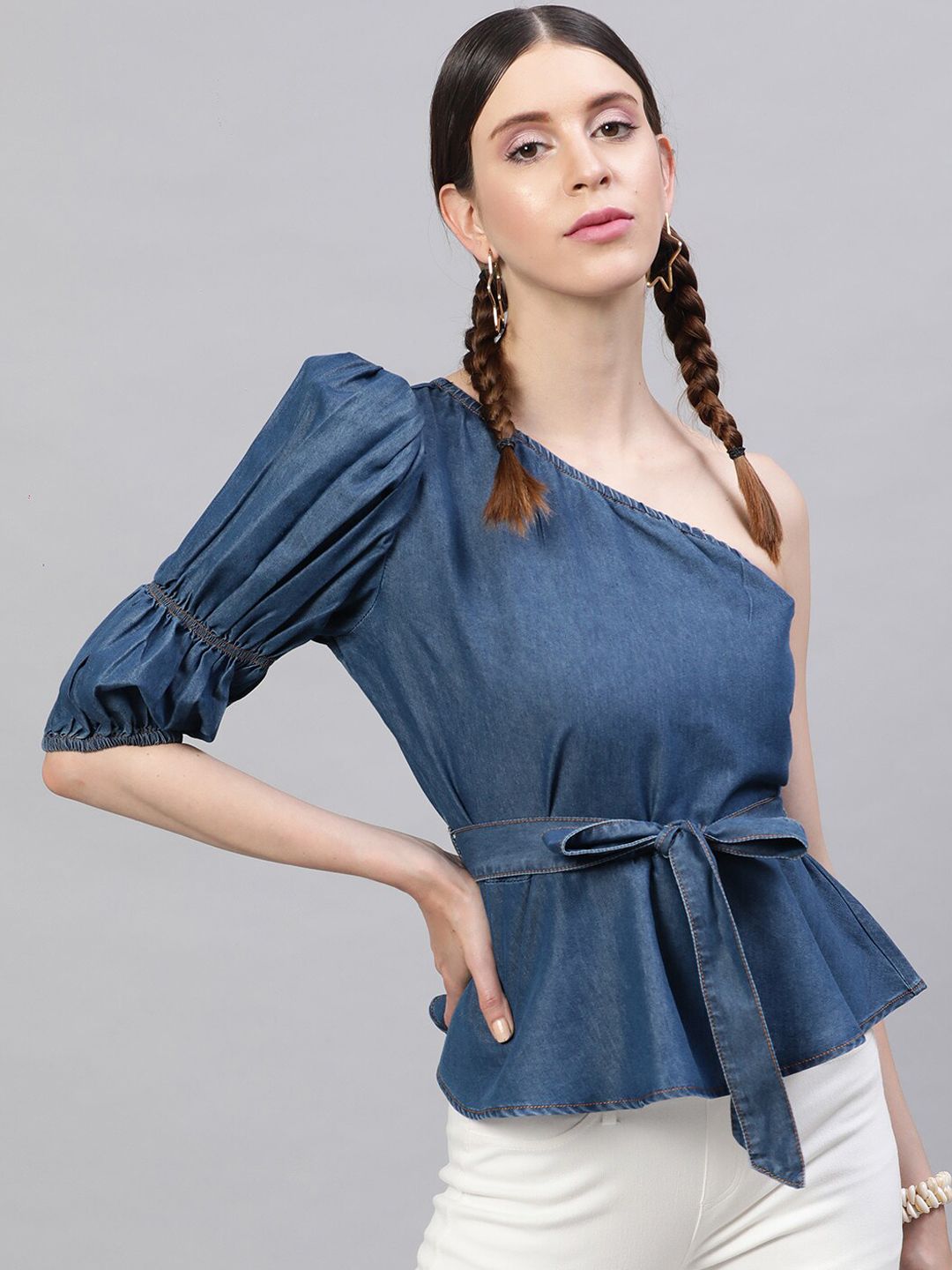 STREET 9 Navy Blue Solid One Shoulder Indigo Pure Cotton Denim Regular Top with Belt