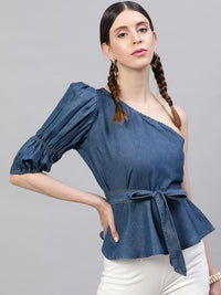 STREET 9 Navy Blue Solid One Shoulder Indigo Pure Cotton Denim Regular Top with Belt