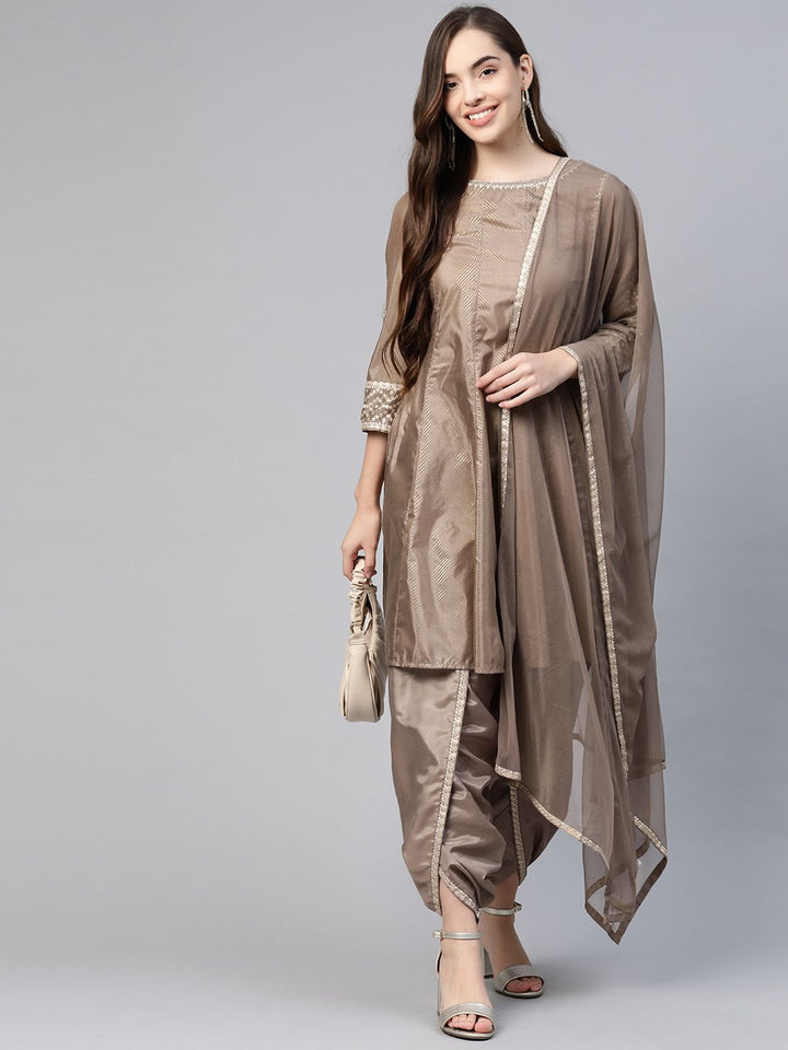 W Women Brown Striped Panelled Sequinned Kurta with Dhoti Pants & Dupatta