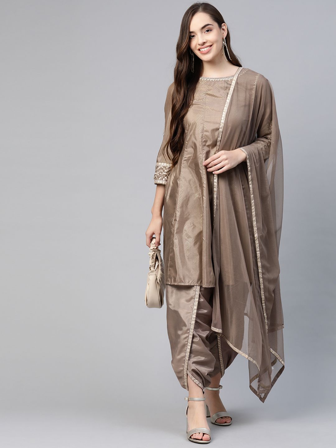 W Women Brown Striped Panelled Sequinned Kurta with Dhoti Pants & Dupatta