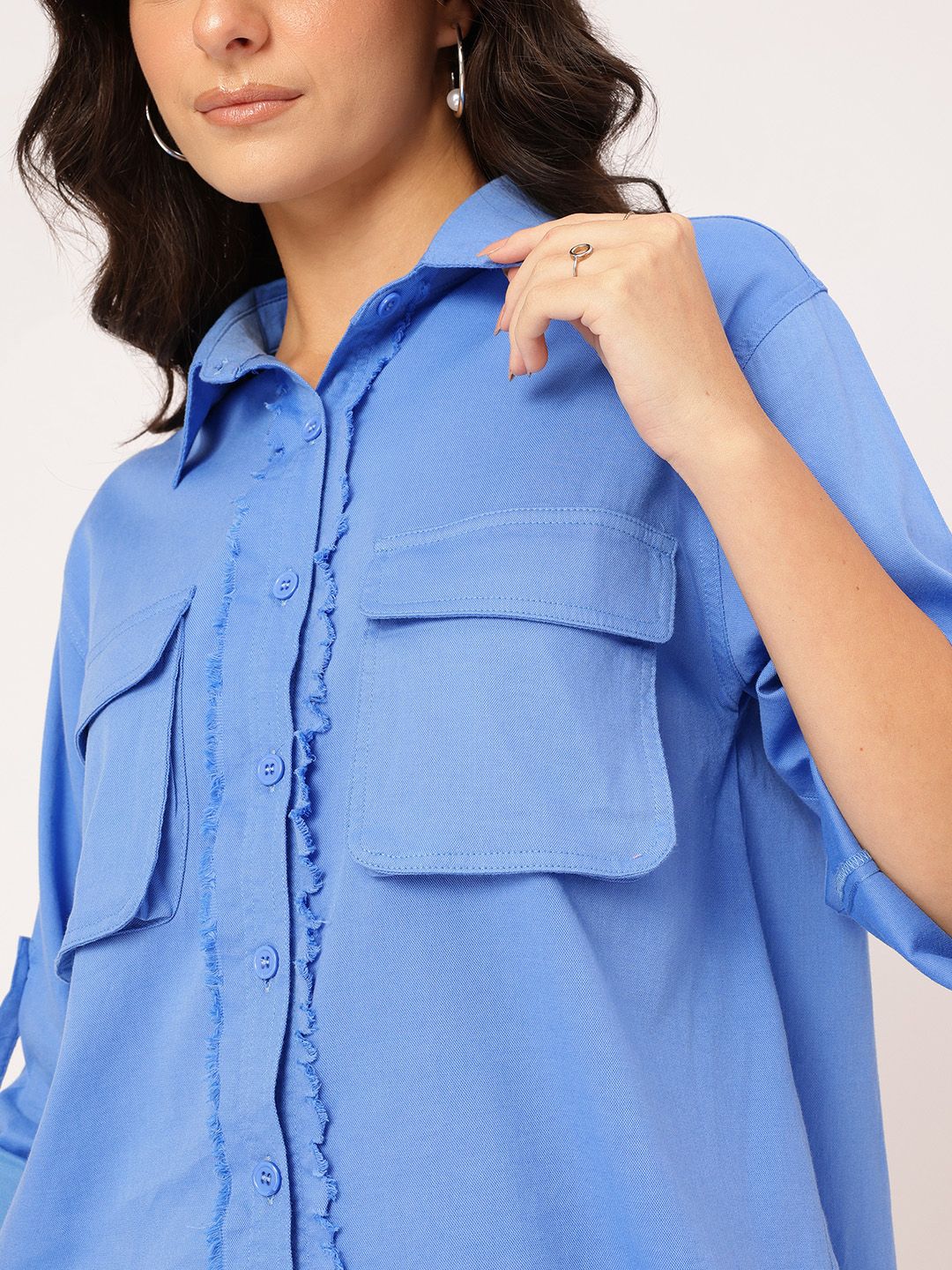 DressBerry Functional Fashion Roll-Up Sleeves Pockets Fringed Placket Shirt
