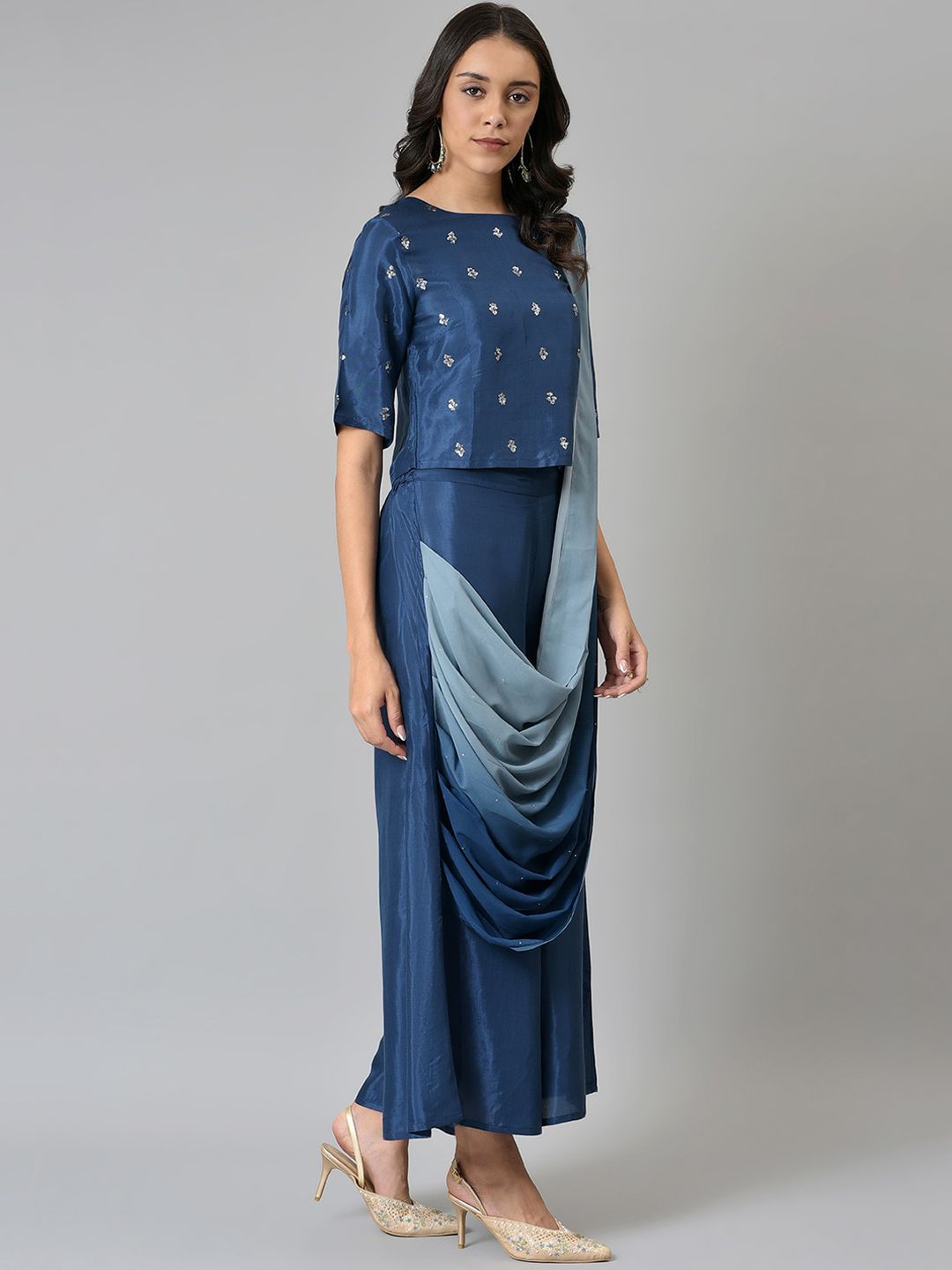 W Women Ethnic Motifs Embroidered Top with Palazzos With Attached Dupatta