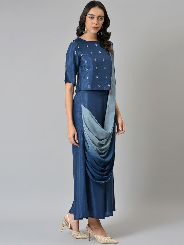 W Women Ethnic Motifs Embroidered Top with Palazzos With Attached Dupatta