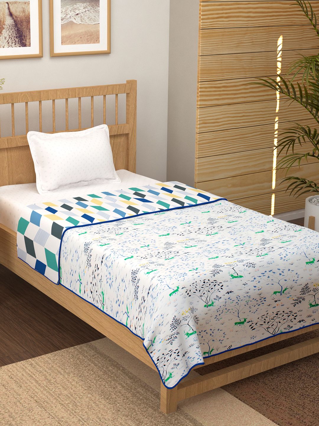 Story@home White & Blue Geometric Cotton AC Room 150 GSM Reversible Single Bed Dohar