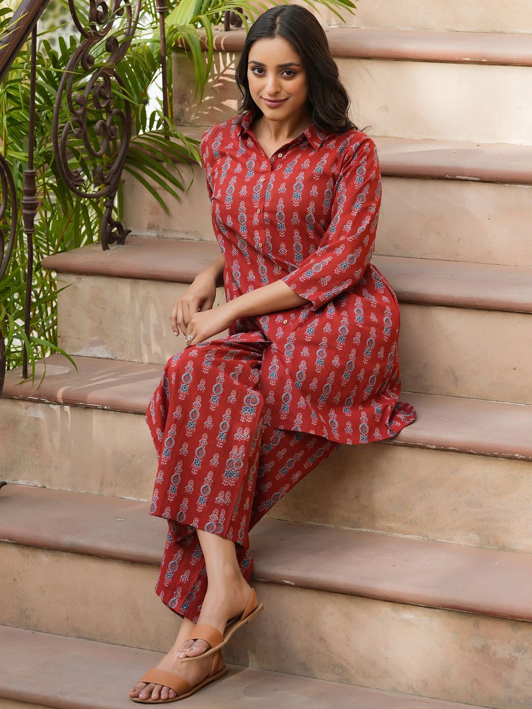 SANSKRUTIHOMES Red Printed Longline Pure Cotton Shirt with Lounge Pants