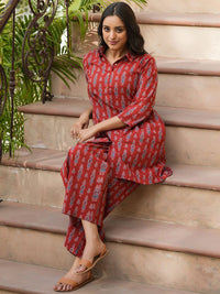 SANSKRUTIHOMES Red Printed Longline Pure Cotton Shirt with Lounge Pants