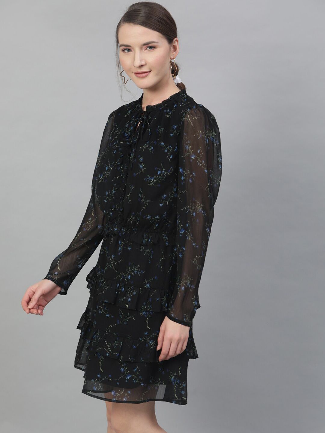 STREET 9 Women Black Floral Printed Fit and Flare Dress