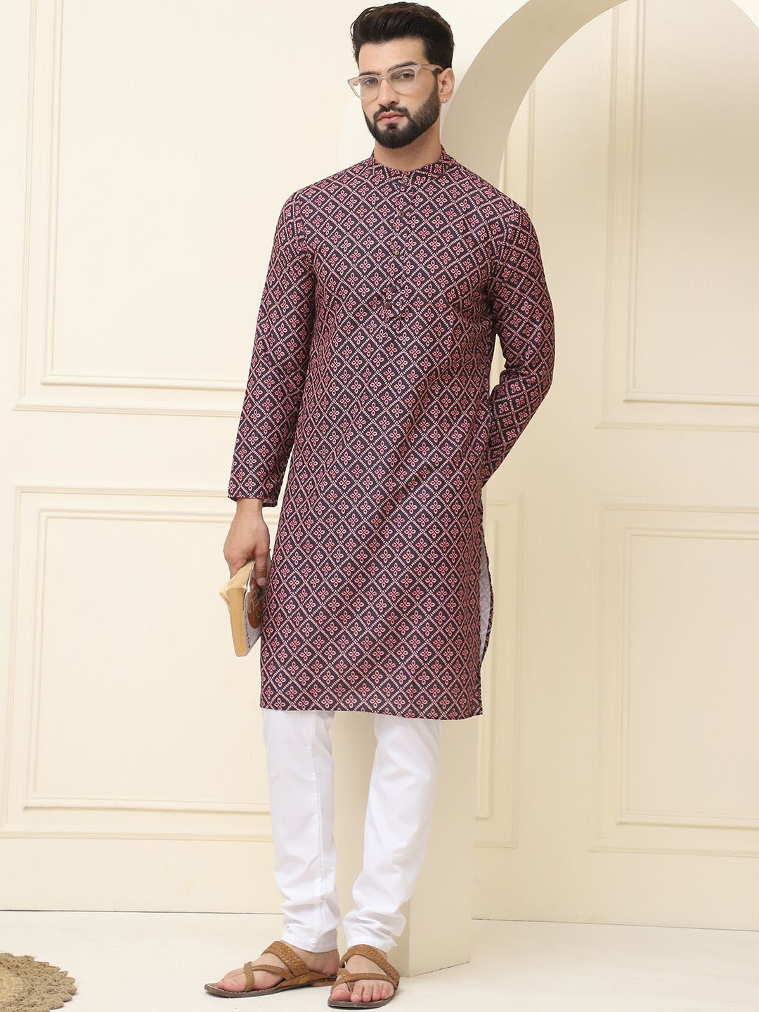 SOJANYA Floral Printed Mandarin Collar Pure Cotton Straight Kurta dengan Piyama