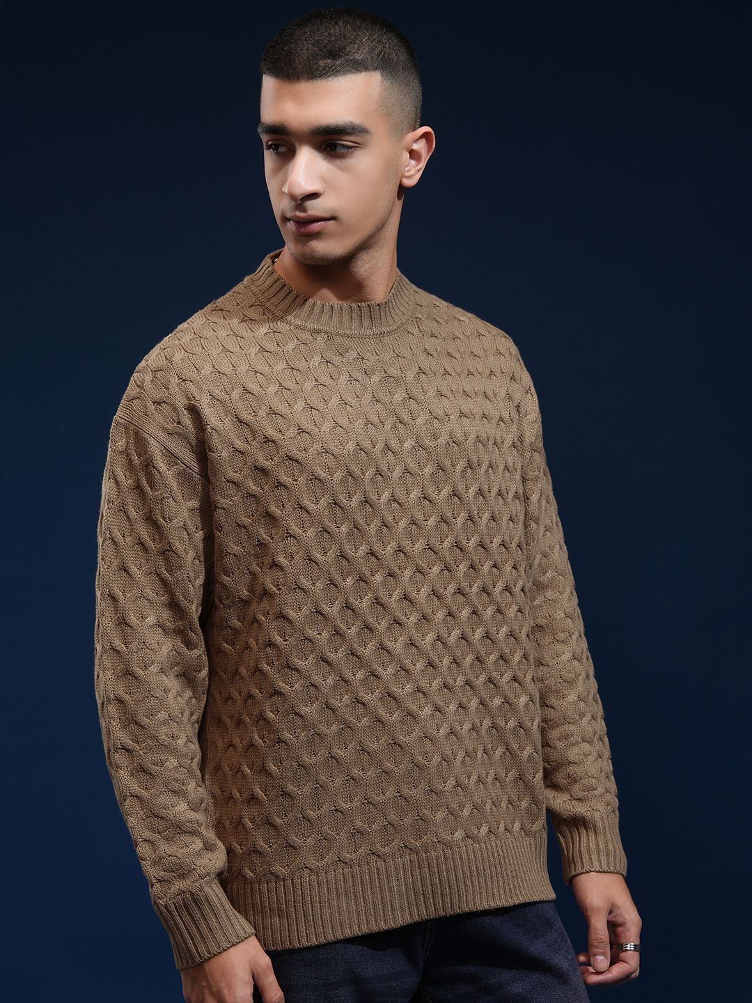 HIGHLANDER Men Self Design Round Neck Drop Shoulder Oversized Sweater
