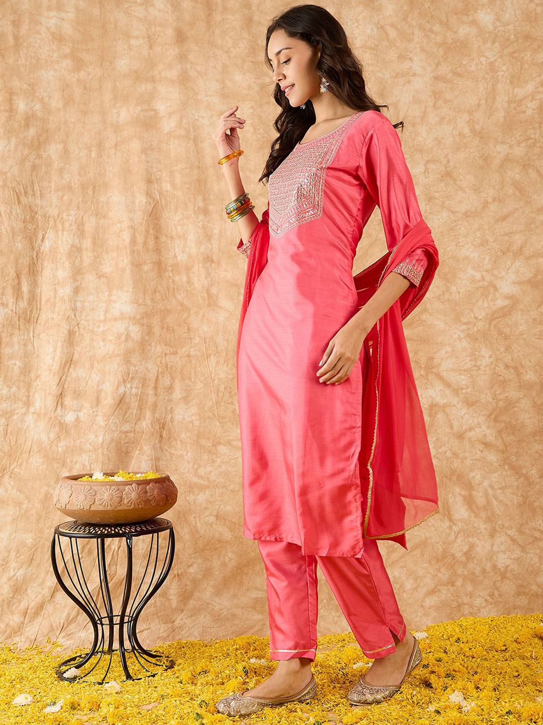 Indo Era Floral Yoke Design Straight Sequinned Kurta with Trousers & Dupatta