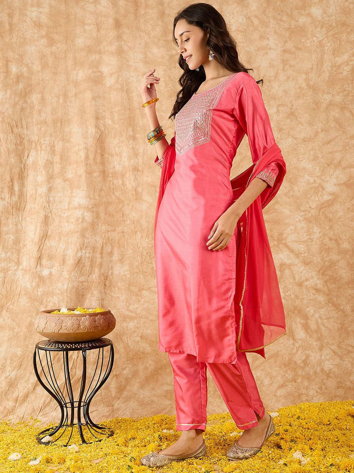 Indo Era Floral Yoke Design Straight Sequinned Kurta with Trousers & Dupatta