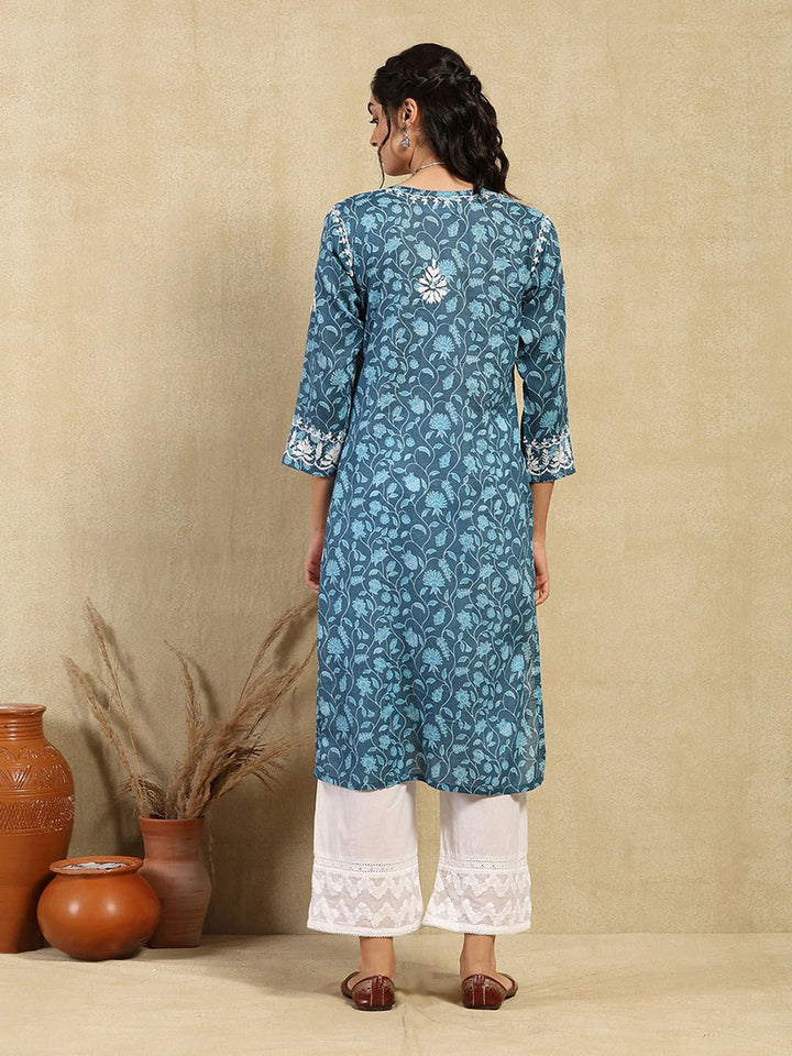 House of Chikankari Women Dark Blue Mulmul Chikankari Embroidered Kurta