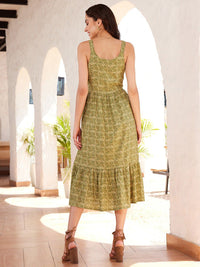 STREET 9 Olive Green & Beige Printed A-Line Midi Dress