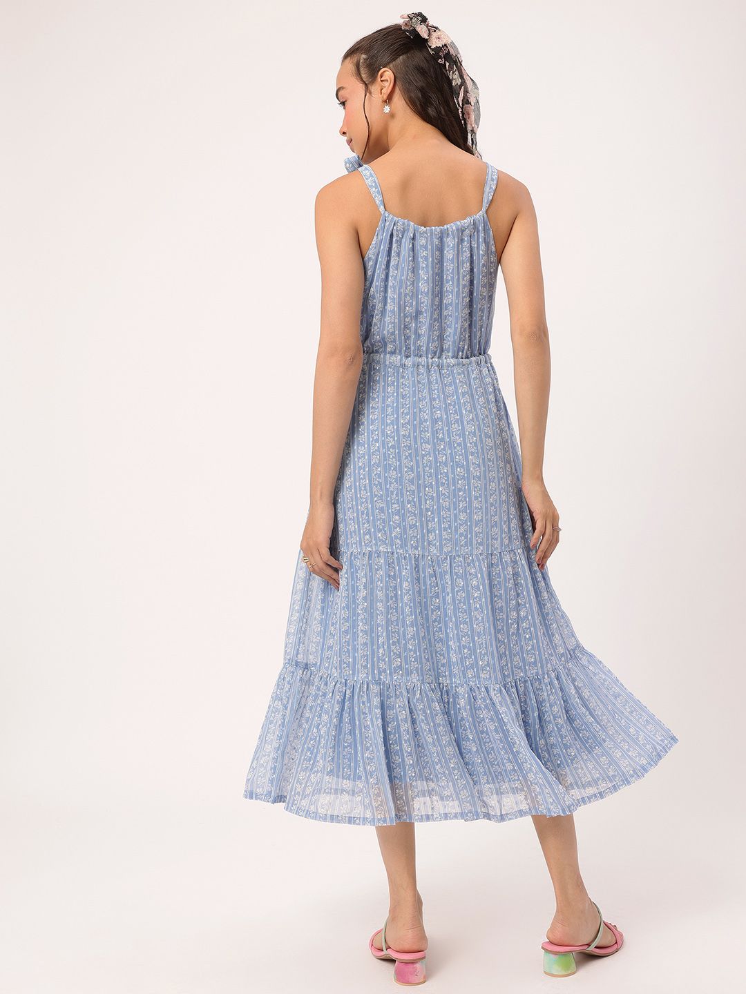 DressBerry Girly Glam Floral Tie-Up Bow Tiered A-Line Midi Dress